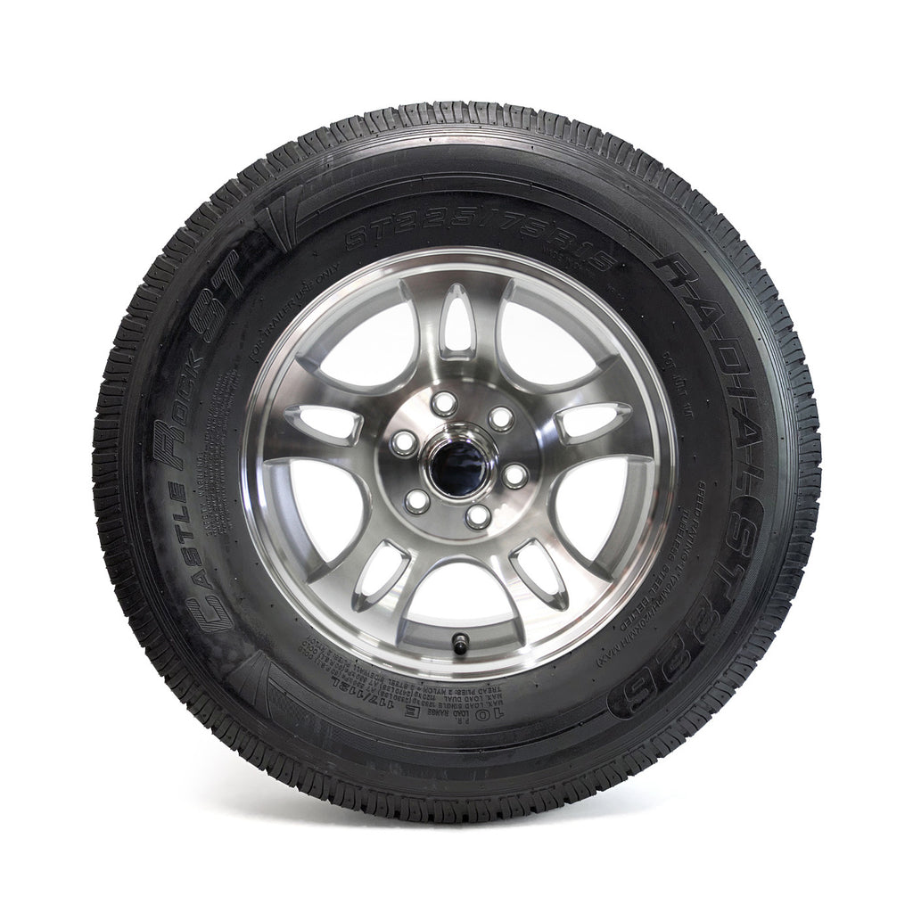 Pneu radial 225/75R15 10 plis LRE 2830 lbs Castle Rock et jante 15" 6 trous aluminium modèle-S5 - RecreaShop