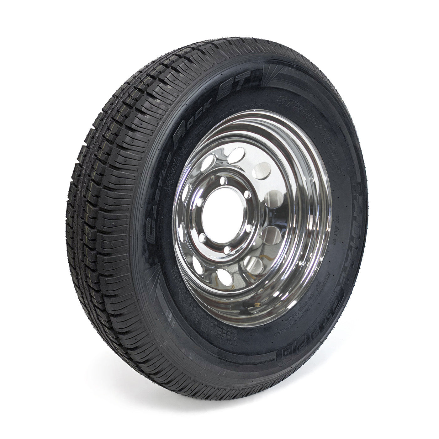 Pneu radial 225/75R15 10 plis LRE 2830 lbs Castle Rock et jante 15" 6 trous chrome - RecreaShop