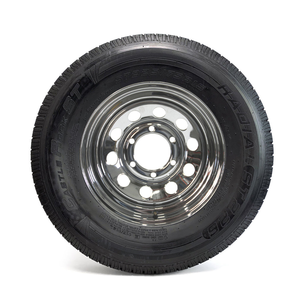 Pneu radial 225/75R15 10 plis LRE 2830 lbs Castle Rock et jante 15" 6 trous chrome - RecreaShop