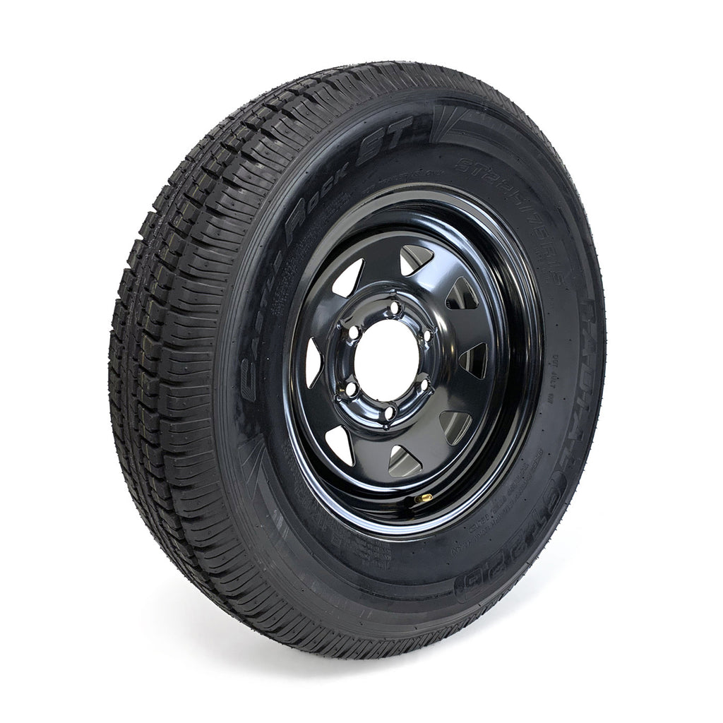 Pneu radial 225/75R15 10 plis LRE 2830 lbs Castle Rock et jante 15" 6 trous rally noire - RecreaShop