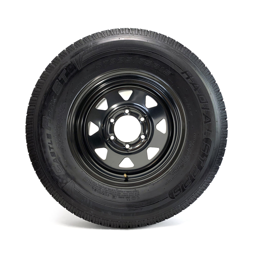 Pneu radial 225/75R15 10 plis LRE 2830 lbs Castle Rock et jante 15" 6 trous rally noire - RecreaShop