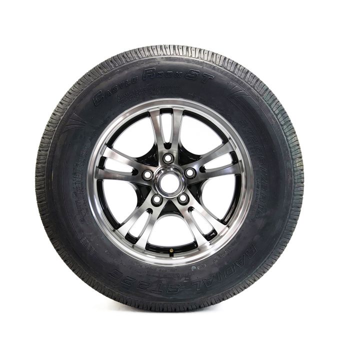 Pneu radial 205/75R15 6 plis LRC 1820 lbs Castle Rock et jante 15" 5 trous aluminium Jaguar - Récréashop