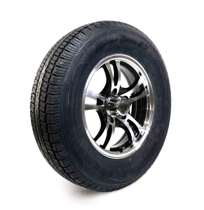 Pneu radial 205/75R15 6 plis LRC 1820 lbs Castle Rock et jante 15" 5 trous aluminium Jaguar - Récréashop