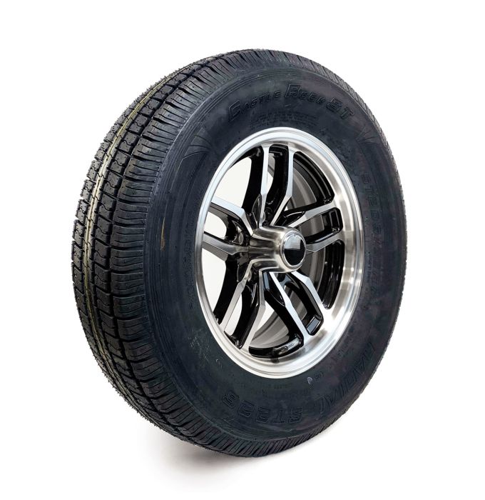 Pneu radial 205/75R15 6 plis LRC 1820 lbs Castle Rock et jante 15" 5 trous aluminium noir Osprey - Récréashop