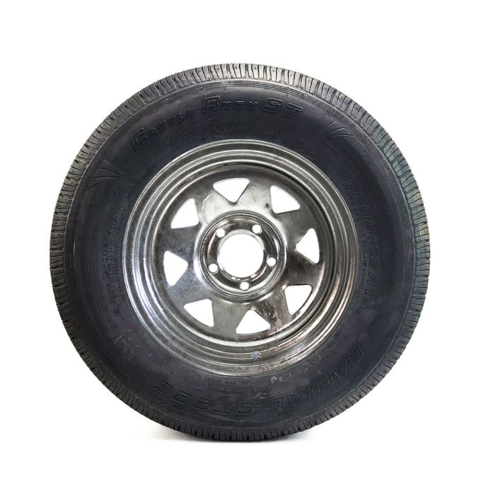 Pneu radial 205/75R15 6 plis LRC 1820 lbs Castle Rock et jante 15" 5 trous galvanisée - Récréashop