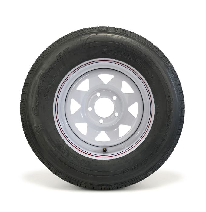 Pneu radial 205/75R14 6 plis LRC 1760 lbs Castle Rock et jante 14" 5 trous rally - Récréashop