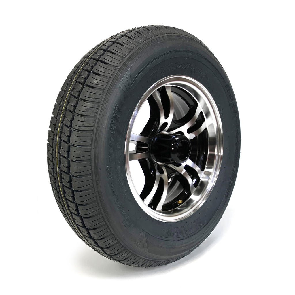 Pneu radial 205/75R14 6 plis LRC 1760 lbs Castle Rock et jante 14" 5 trous aluminium Jaguar - RecreaShop