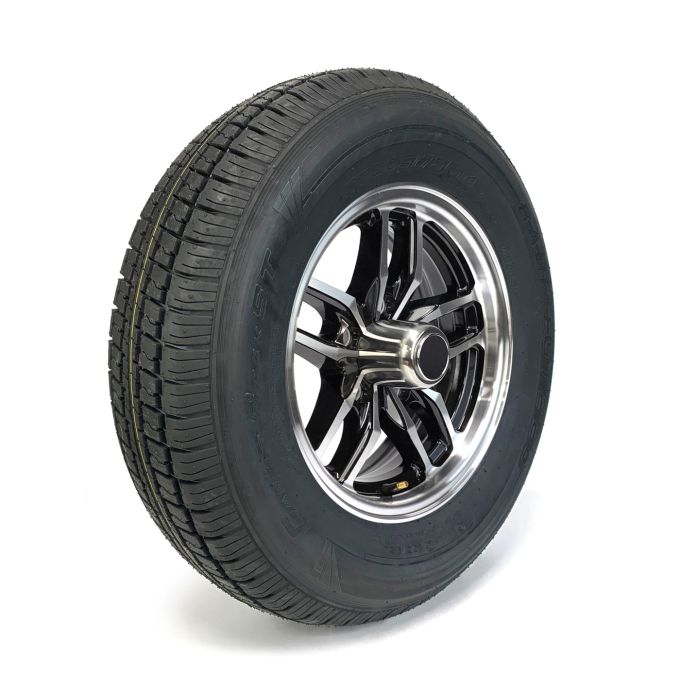 Pneu radial 205/75R14 6 plis LRC 1760 lbs Castle Rock et jante 14" 5 trous aluminium noir Osprey - Récréashop