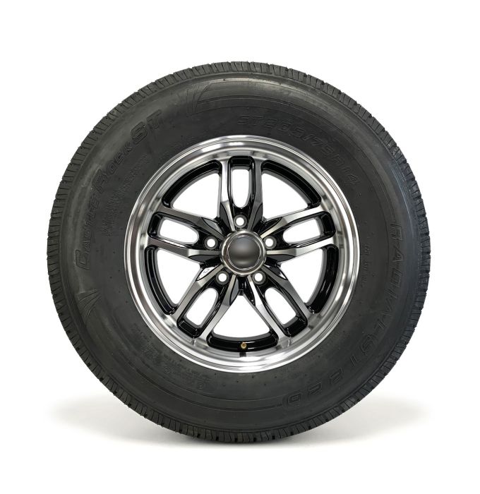 Pneu radial 205/75R14 6 plis LRC 1760 lbs Castle Rock et jante 14" 5 trous aluminium noir Osprey - Récréashop