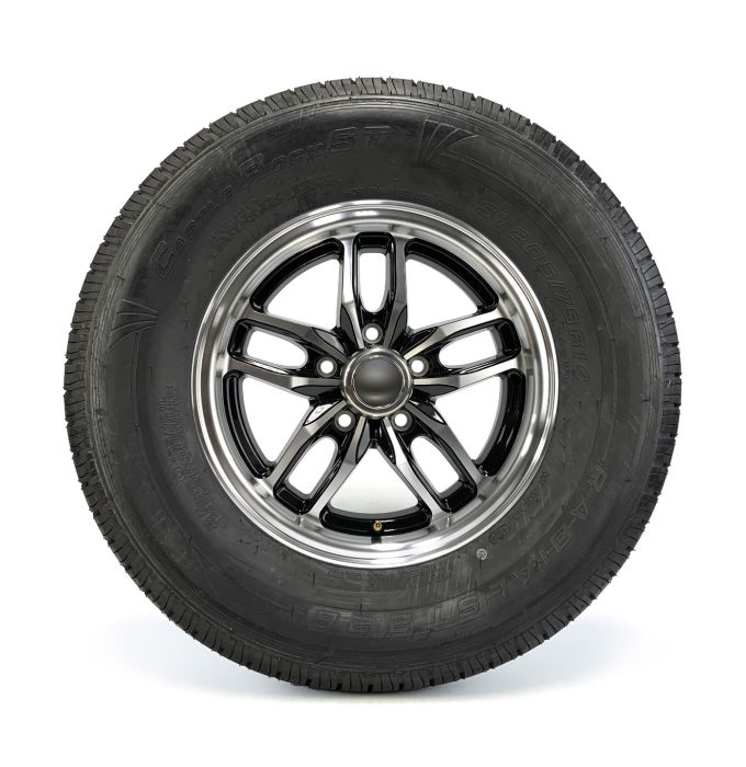 Pneu radial 205/75R14 8 plis LRD 2040 lbs Castle Rock et jante 14" 5 trous aluminium noir Osprey - Récréashop