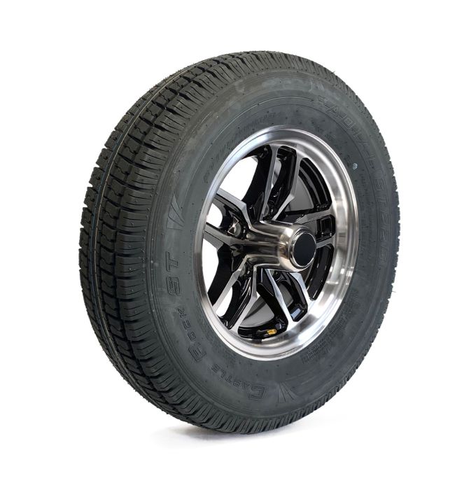 Pneu radial 175/80R13 6 plis LRC 1360 lbs Castle Rock et jante 13" 5 trous aluminium noir Osprey - Récréashop