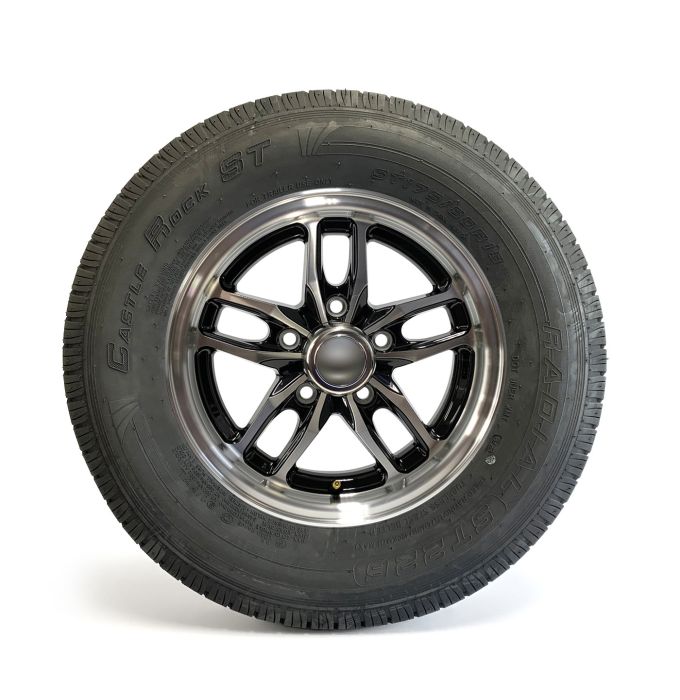 Pneu radial 175/80R13 6 plis LRC 1360 lbs Castle Rock et jante 13" 5 trous aluminium noir Osprey - Récréashop