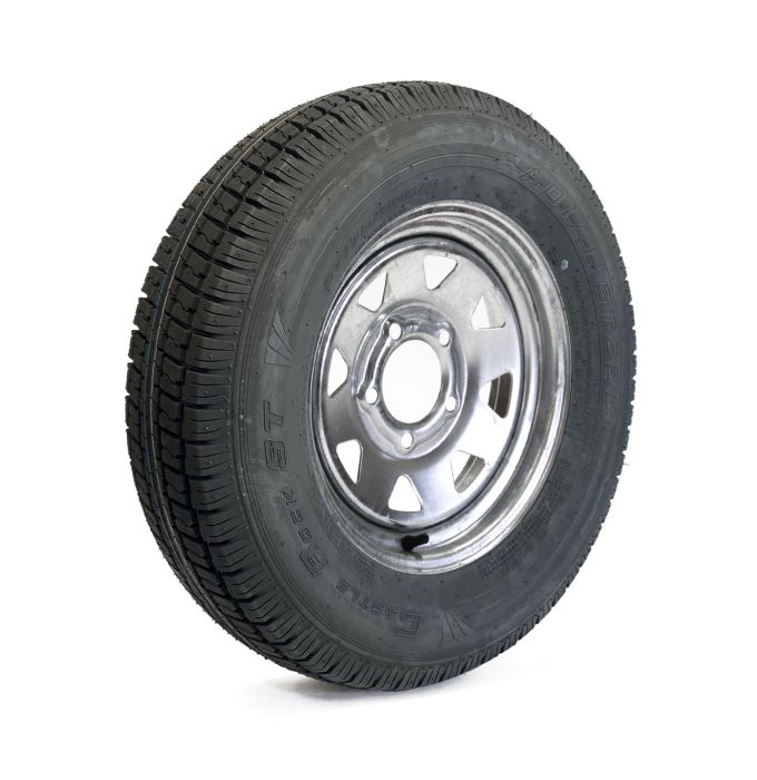 Pneu radial 175/80R13 6 plis LRC 1360 lbs Castle Rock et jante 13" 5 trous galvanisée - Récréashop