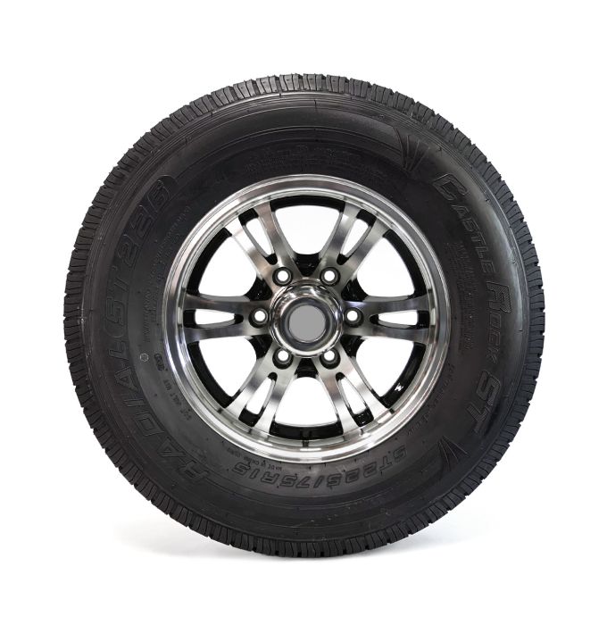 Pneu radial 225/75R15 8 plis LRD 2540 lbs Castle Rock et jante 15" 6 trous aluminium noir Jaguar - Récréashop