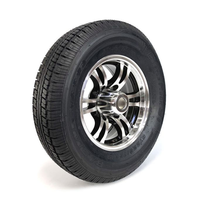 Pneu radial 225/75R15 8 plis LRD 2540 lbs Castle Rock et jante 15" 6 trous aluminium noir Jaguar - Récréashop