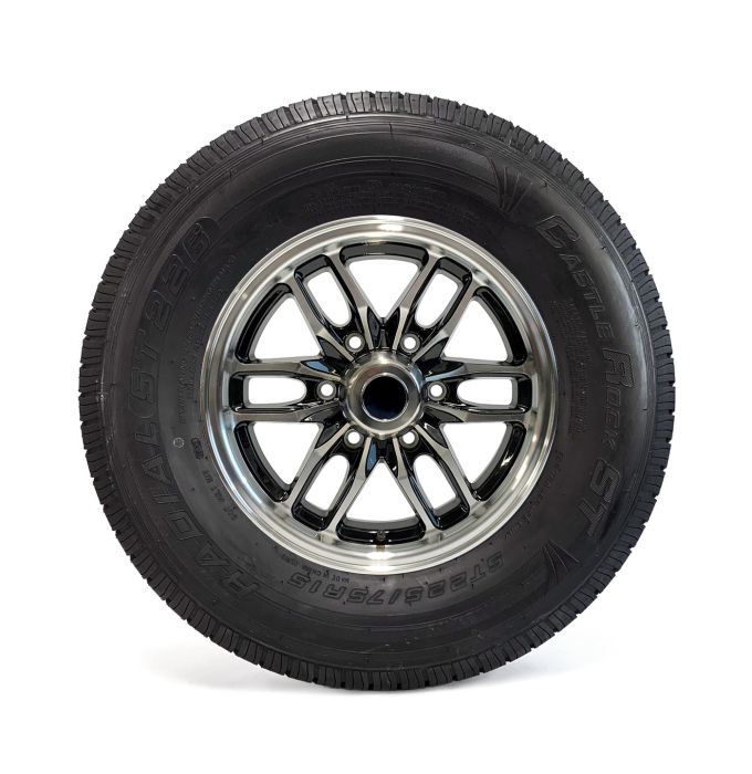 Pneu radial 225/75R15 8 plis LRD 2540 lbs Castle Rock et jante 15" 6 trous aluminium noir Osprey - Récréashop
