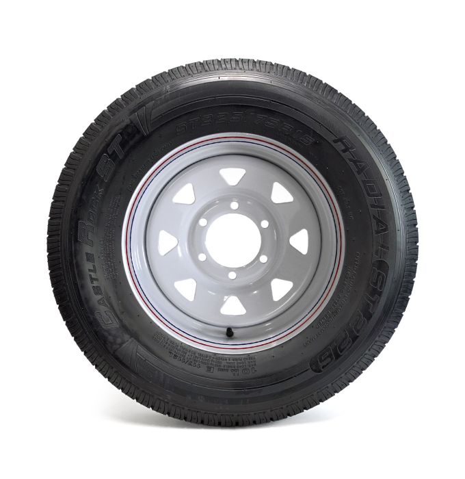 Pneu radial 225/75R15 10 plis LRE 2830 lbs Castle Rock et jante 15" 6 trous rally - Récréashop