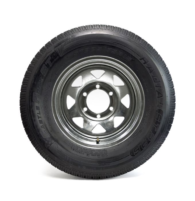 Pneu radial 225/75R15 10 plis LRE 2830 lbs Castle Rock et jante 15" 6 trous galvanisée - Récréashop