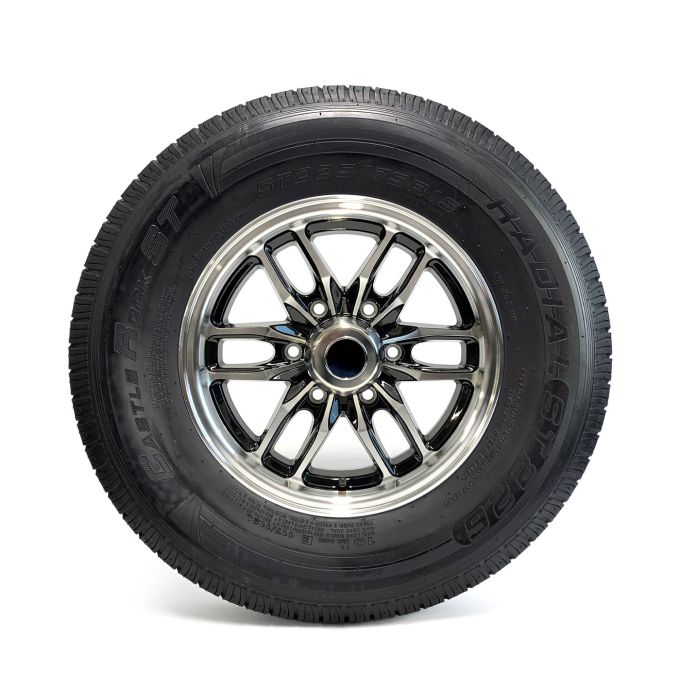 Pneu radial 225/75R15 10 plis LRE 2830 lbs Castle Rock et jante 15" 6 trous aluminium noir Osprey - Récréashop