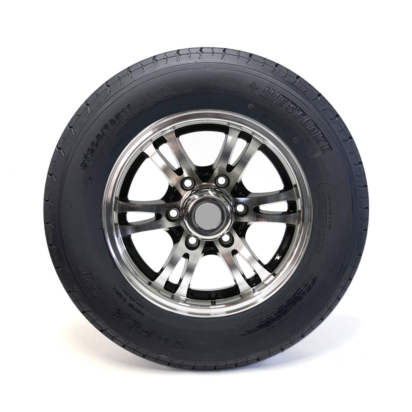 Pneu radial ST205/75R15 8 plis LRD 2150 lbs Westlake et jante 15" 6 trous aluminium noir Jaguar - RecreaShop