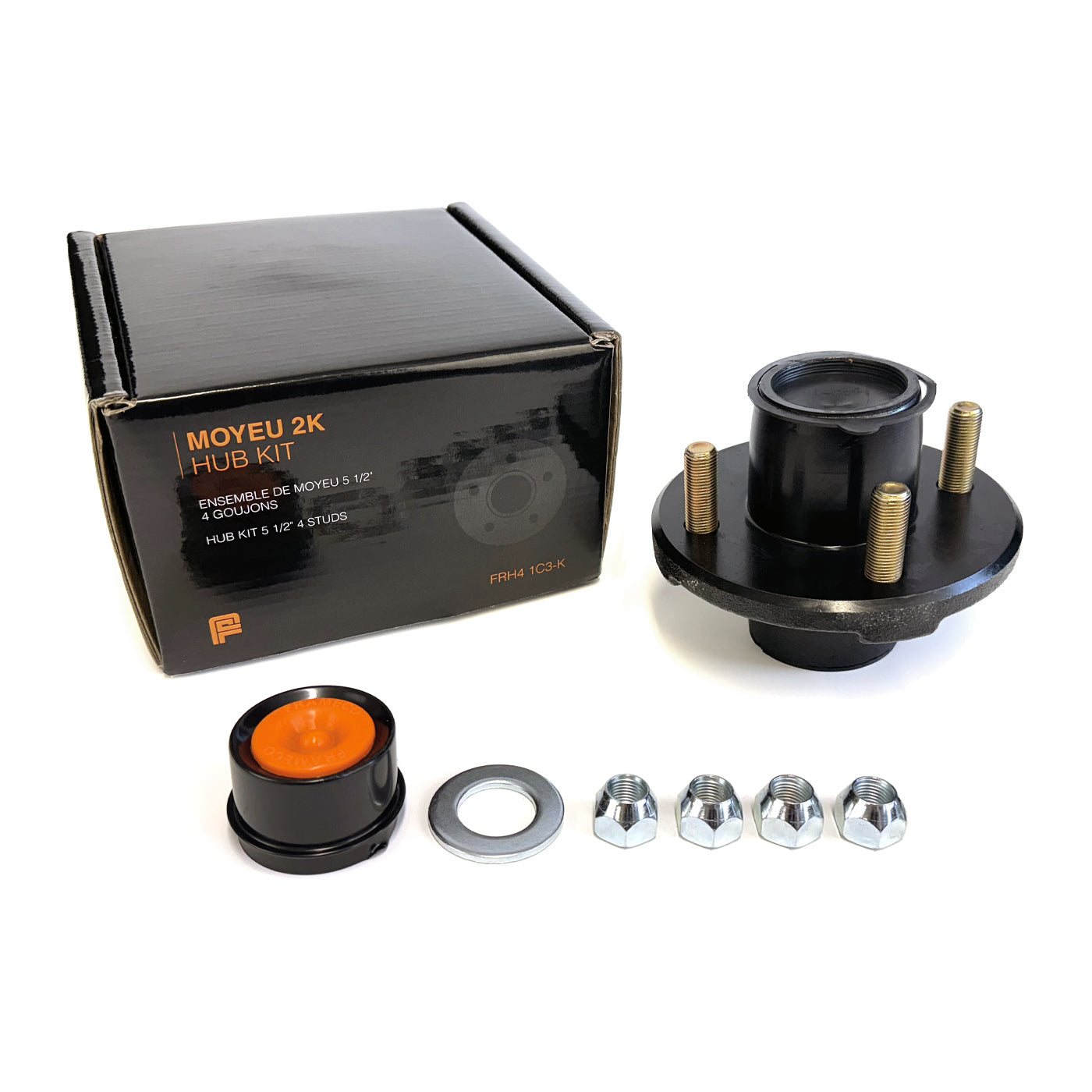 Moyeu 4 goujons 1/2" B.C. 4" 2K cône 1" assemblé et graissé complet (en boîte) FRAMECO - RecreaShop