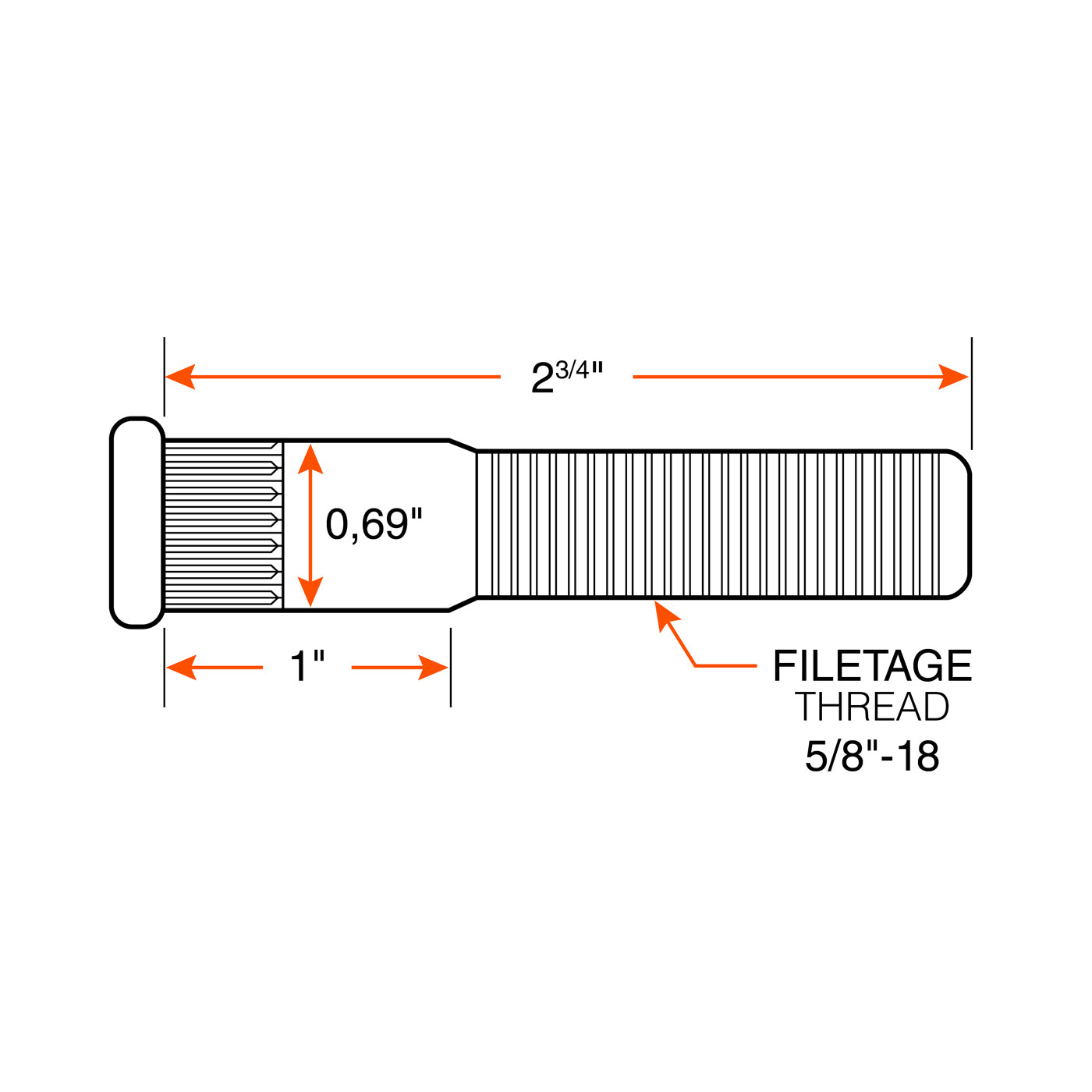 Goujon à presser 5/8"-18 x 2 3/4" épau. 0,69" (pour tambour 821809I GASS) - RecreaShop