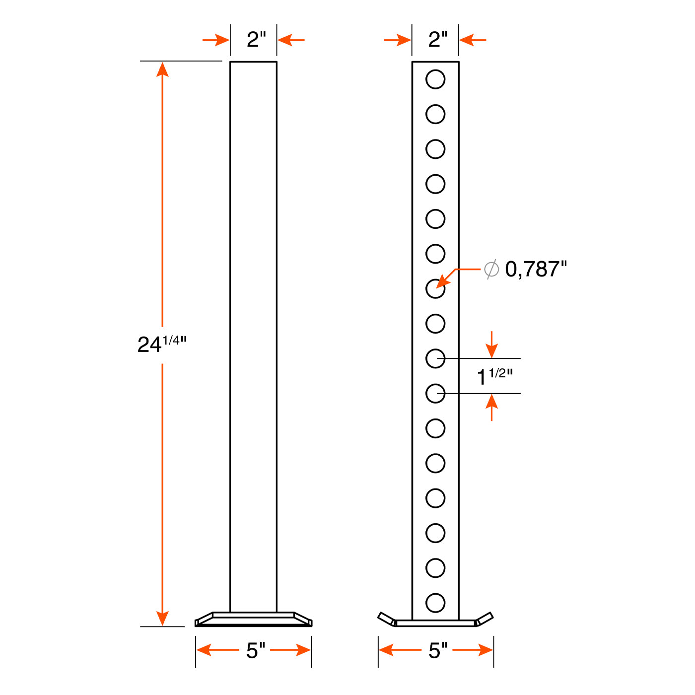Pied stabilisateur 24" tube carré galvanisé 2" base 5" x 5" - RecreaShop