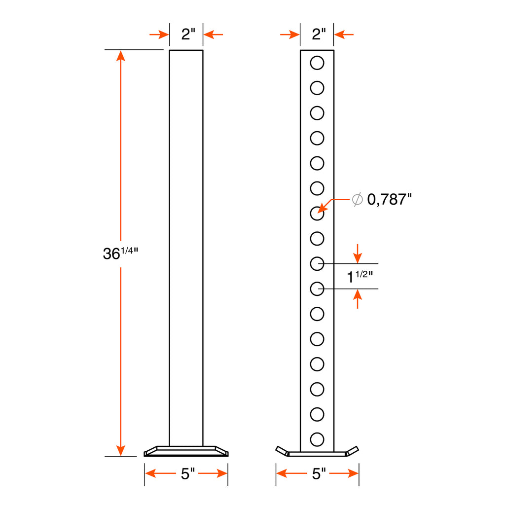 Pied stabilisateur 36" tube carré galvanisé 2" base 5" x 5" - RecreaShop