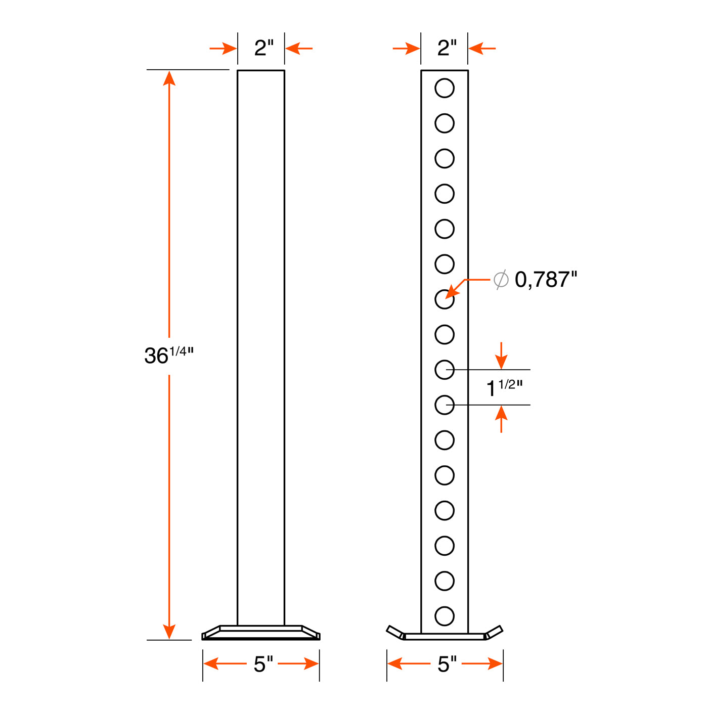 Pied stabilisateur 36" tube carré galvanisé 2" base 5" x 5" - RecreaShop