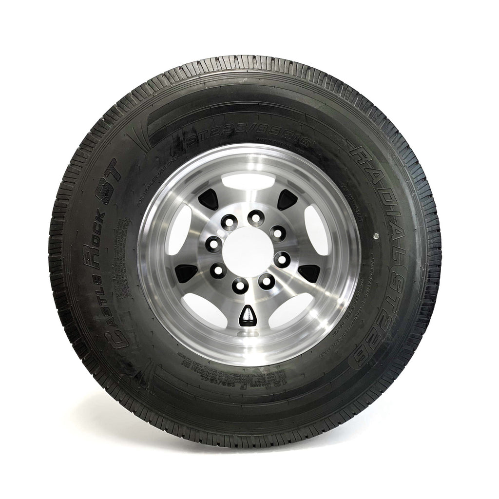 Pneu radial 235/85R16 12 plis LRF 3960 lbs Castle Rock et jante 16" 8 trous double aluminium - RecreaShop