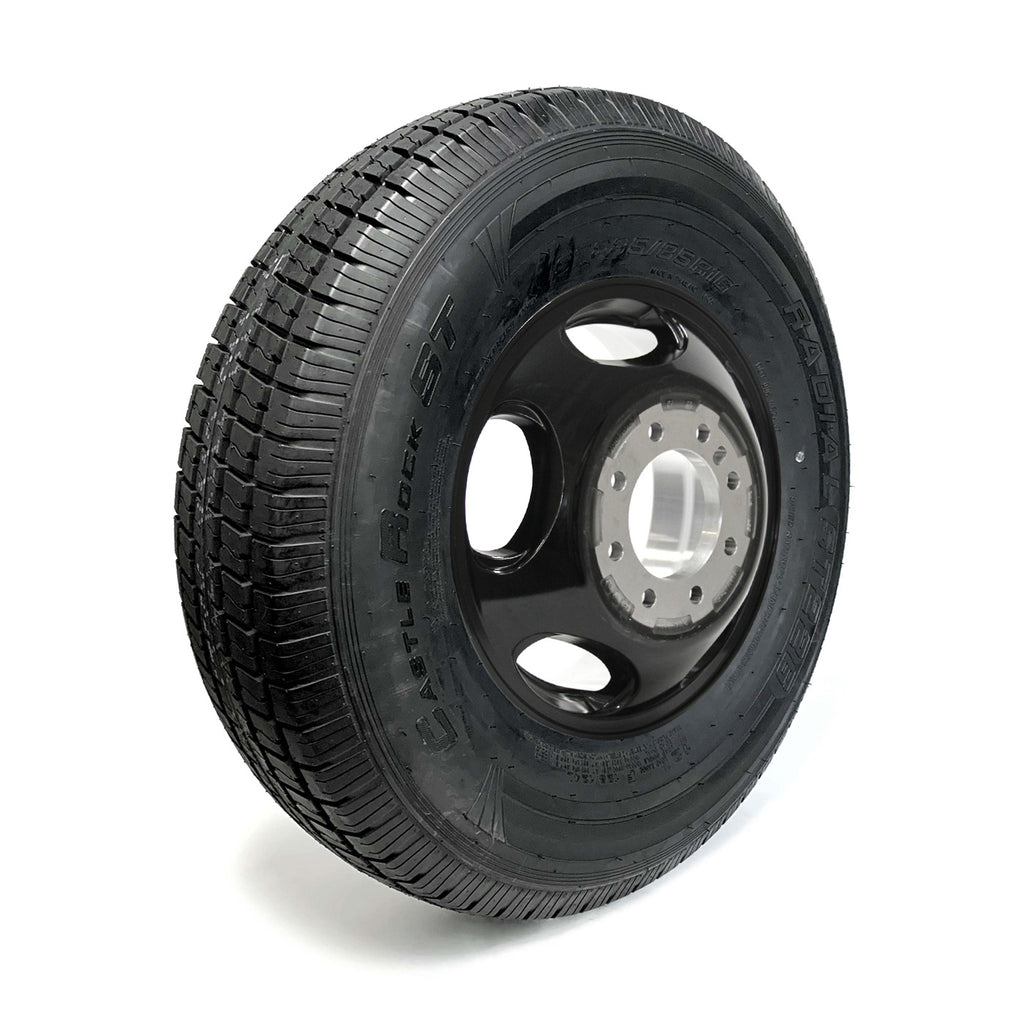 Pneu radial 235/85R16 12 plis LRF 3960 lbs Castle Rock et jante 16" 8 trous double aluminium - RecreaShop