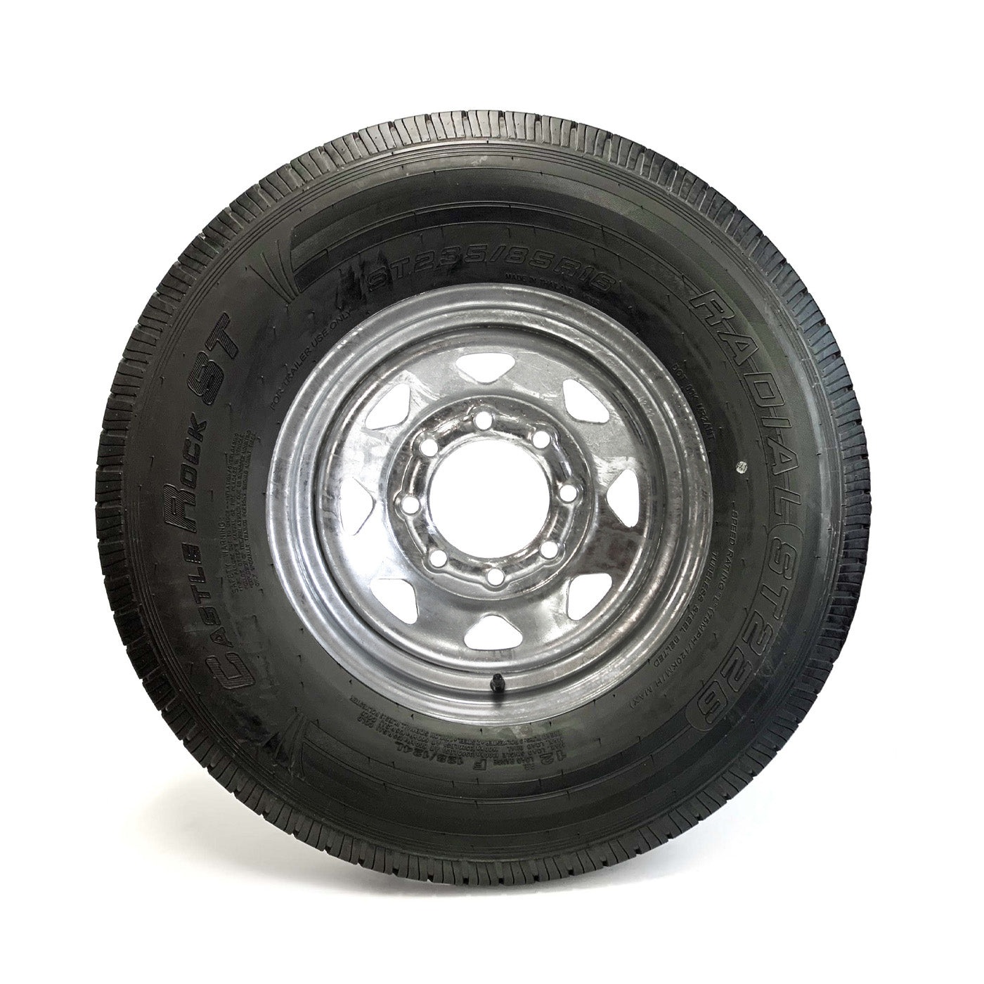 Pneu radial 235/85R16 12 plis LRF 3960 lbs Castle Rock et jante 16" 8 trous galvanisée - RecreaShop