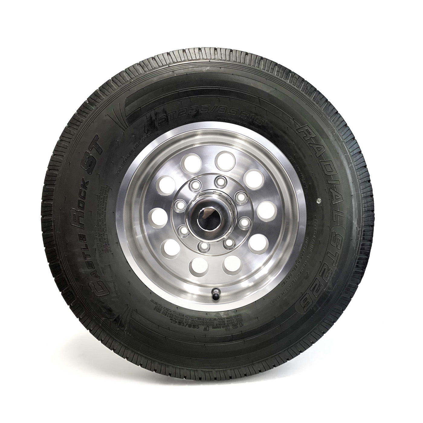 Pneu radial 235/85R16 12 plis LRF 3960 lbs Castle Rock et jante 16" 8 trous modulaire aluminium (valve haute pression) - RecreaShop