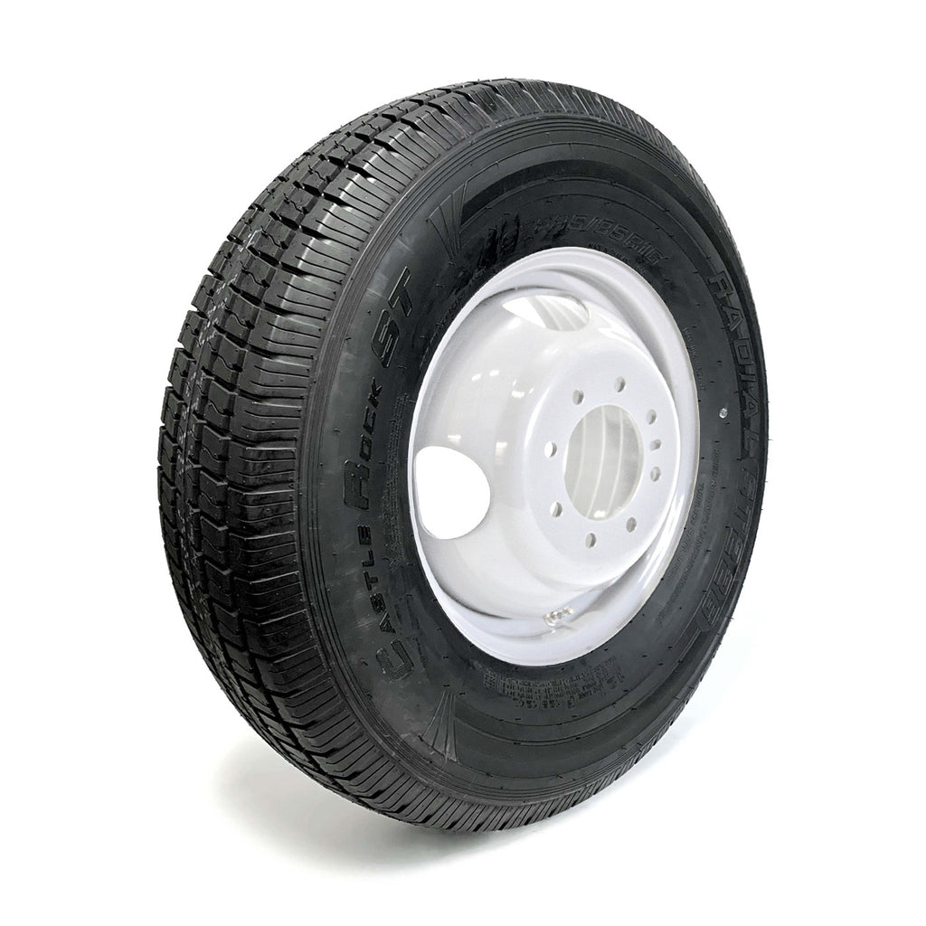 Pneu radial 235/80R16 12 plis LRF 3960 lbs Castle Rock et jante 16" 8 trous double blanche - RecreaShop