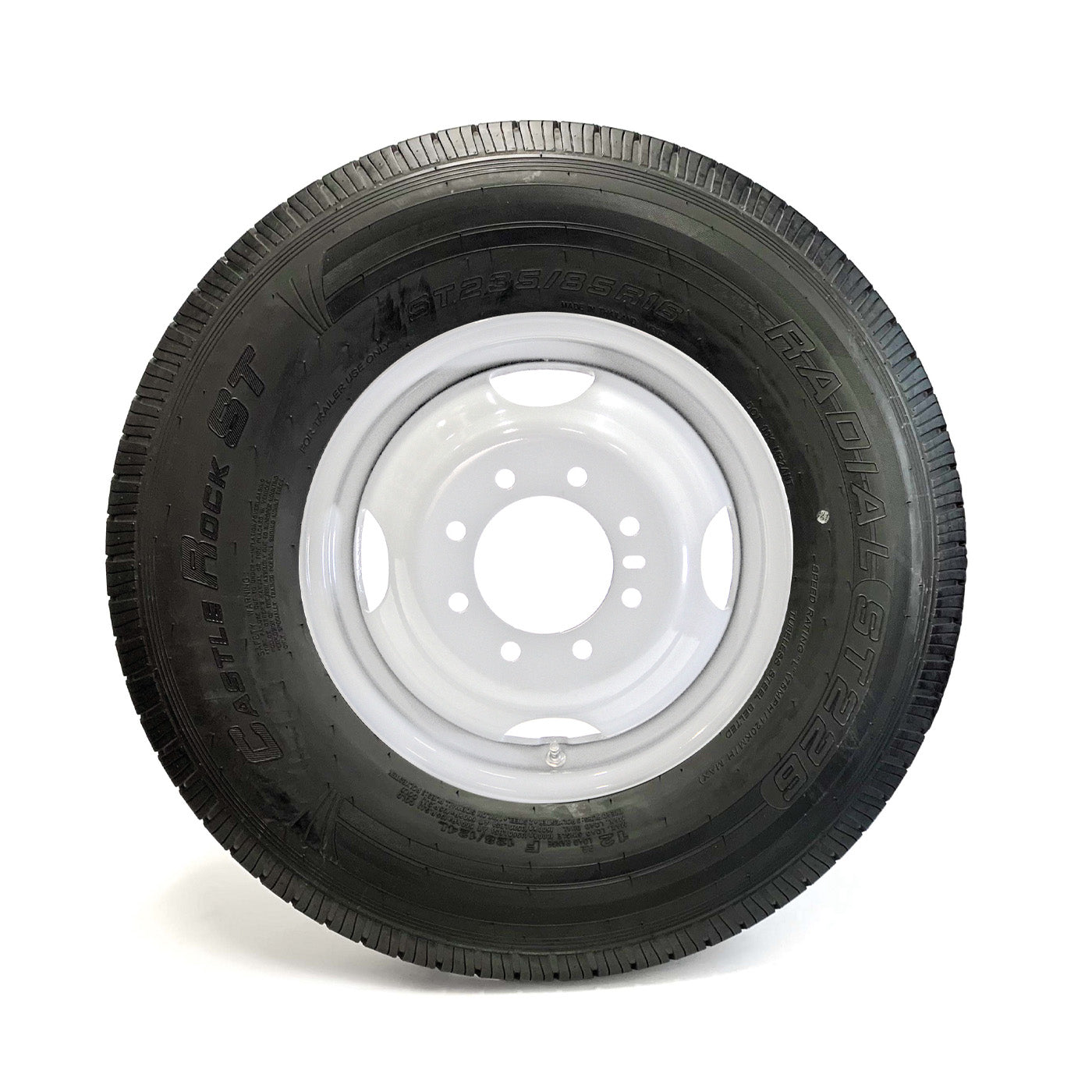 Pneu radial 235/80R16 12 plis LRF 3960 lbs Castle Rock et jante 16" 8 trous double blanche - RecreaShop