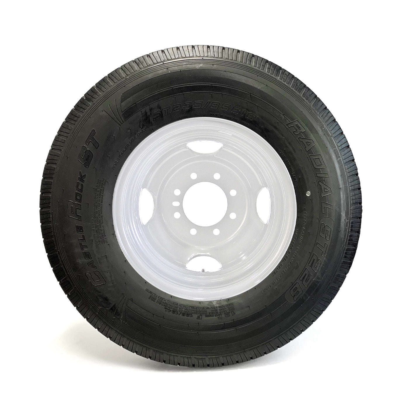 Pneu radial 235/80R16 12 plis LRF 3960 lbs Castle Rock et jante 16" 8 trous double blanche - RecreaShop