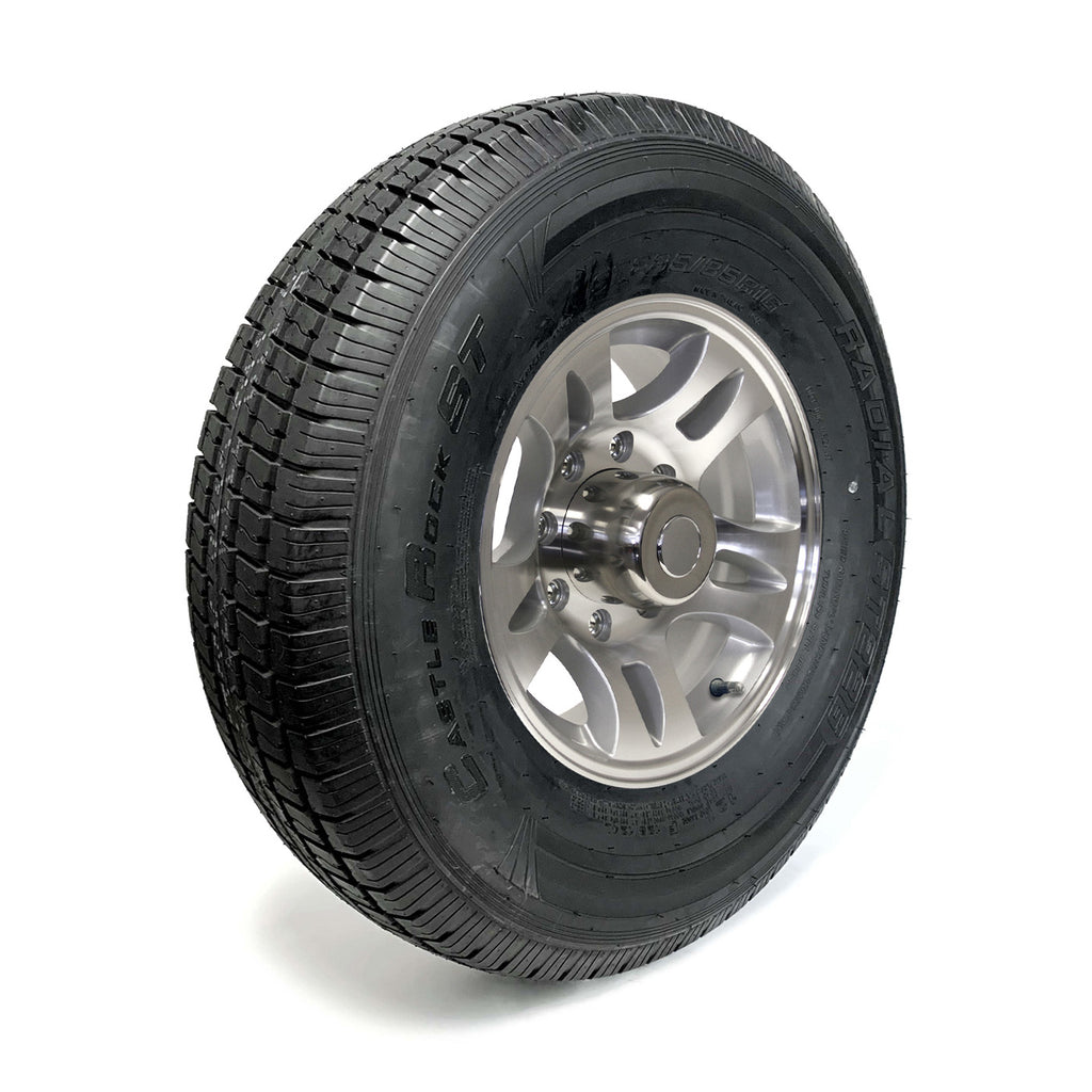 Pneu radial 235/85R16 12 plis LRF 3960 lbs Castle Rock et jante 16" 8 trous aluminium modèle-S5 - RecreaShop