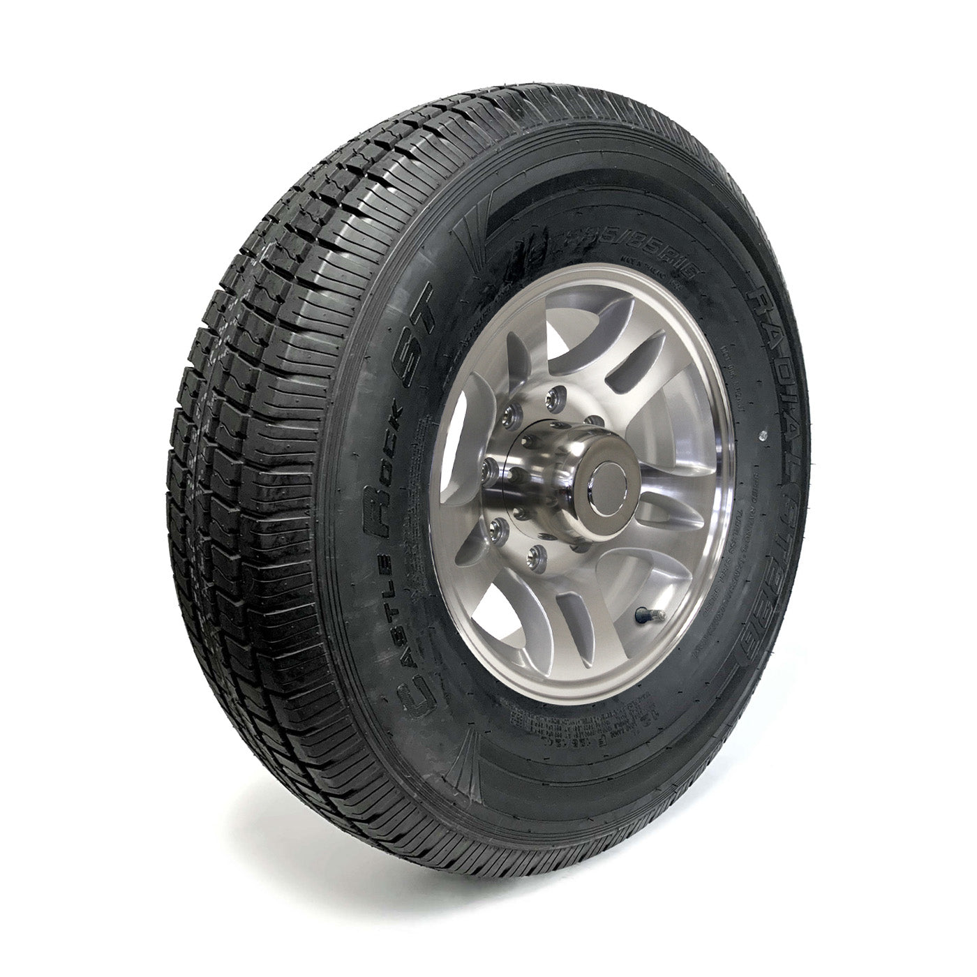 Pneu radial 235/85R16 12 plis LRF 3960 lbs Castle Rock et jante 16" 8 trous aluminium modèle-S5 - RecreaShop