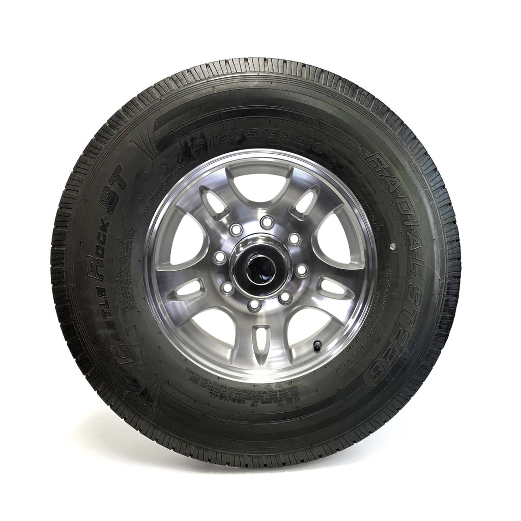 Pneu radial 235/85R16 12 plis LRF 3960 lbs Castle Rock et jante 16" 8 trous aluminium modèle-S5 - RecreaShop