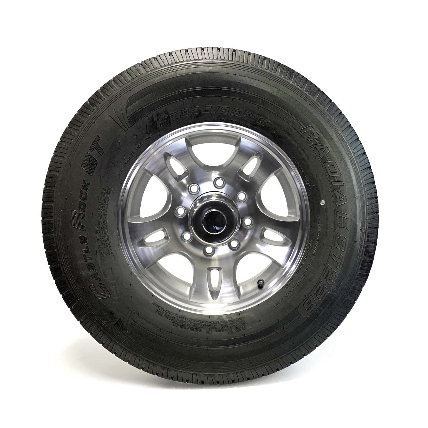 Pneu radial 235/85R16 12 plis LRF 3960 lbs Castle Rock et jante 16" 8 trous aluminium modèle-S5 - RecreaShop