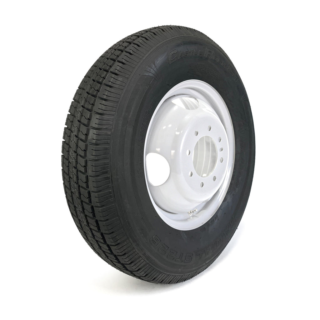 Pneu radial 235/80R16 10 plis LRE 3520 lbs Castle Rock et jante 16" 8 trous double blanche - RecreaShop