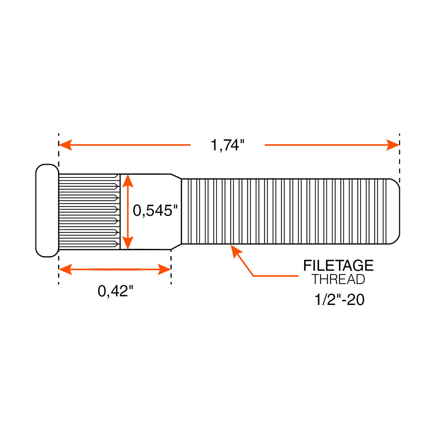 Goujon à presser 1/2"-20 x 1,74" 2K épau. 0,545" zinc pour les moyeux FRH5 1 / FRH5 13 1 / FRH4 1 - RecreaShop